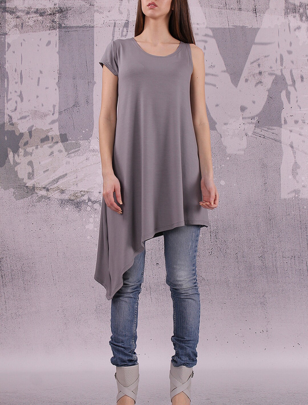Solid Asymmetrical One Sleeve Tunic Top