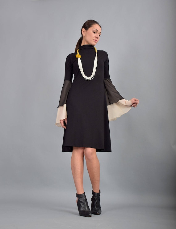Little Black Dress. Plus Size. Knee Length Dress. Midi Dress. Woman Dress. Chiffon Sleeves. A line Dress. Turtleneck Dress. UM 220 VLCH Etsy UK