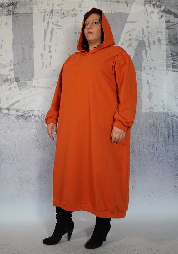 orange sweatshirt dress Nmnitkp Dresses for Women Casual Loose Solid Color Drawstring Hoodie Fall Warm Fleece Sweatshirt Maxi Dress with Pocket Orange,XL