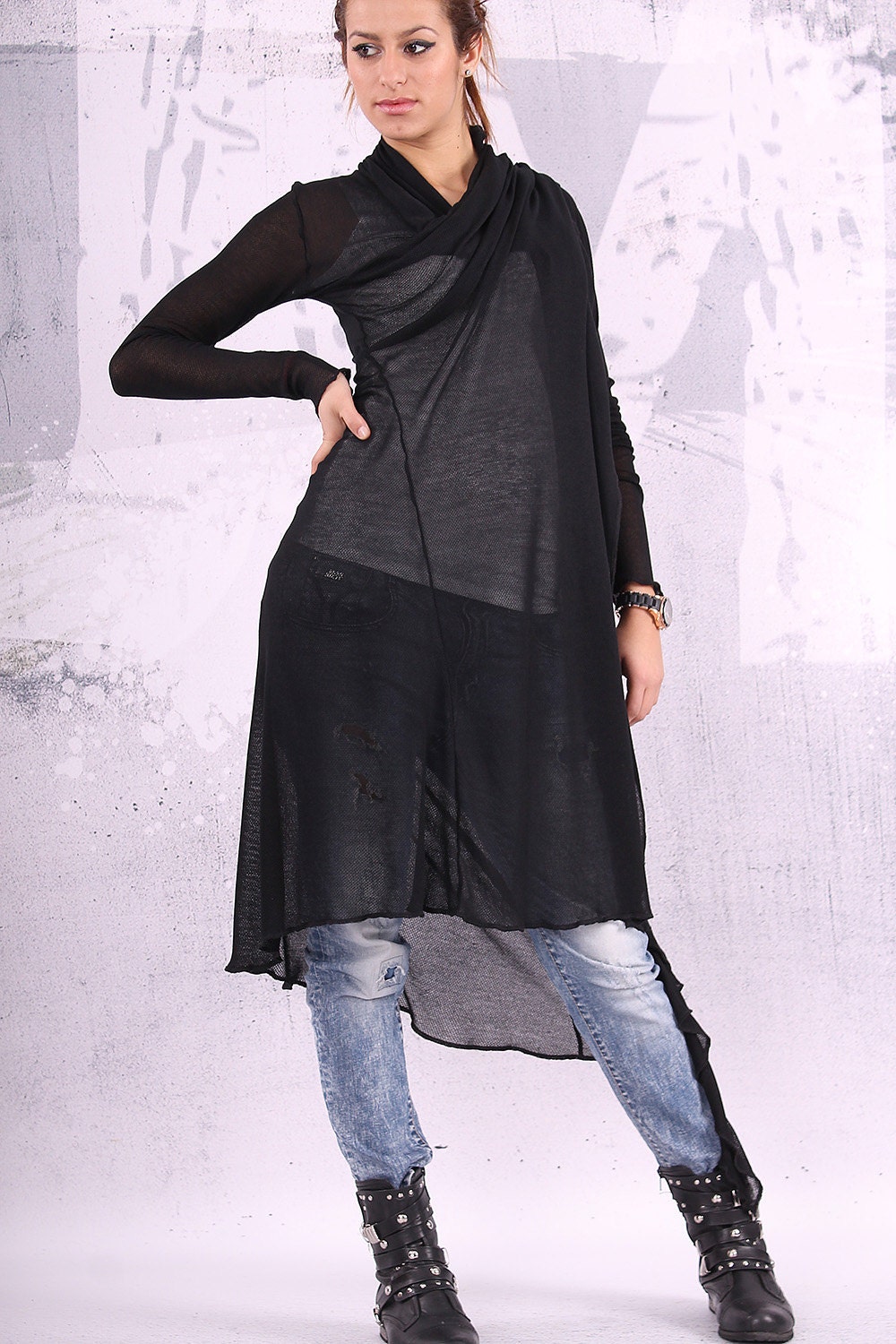Long Vest/ Knit Cotton Top/ Asymmetric Black Vest/ Long