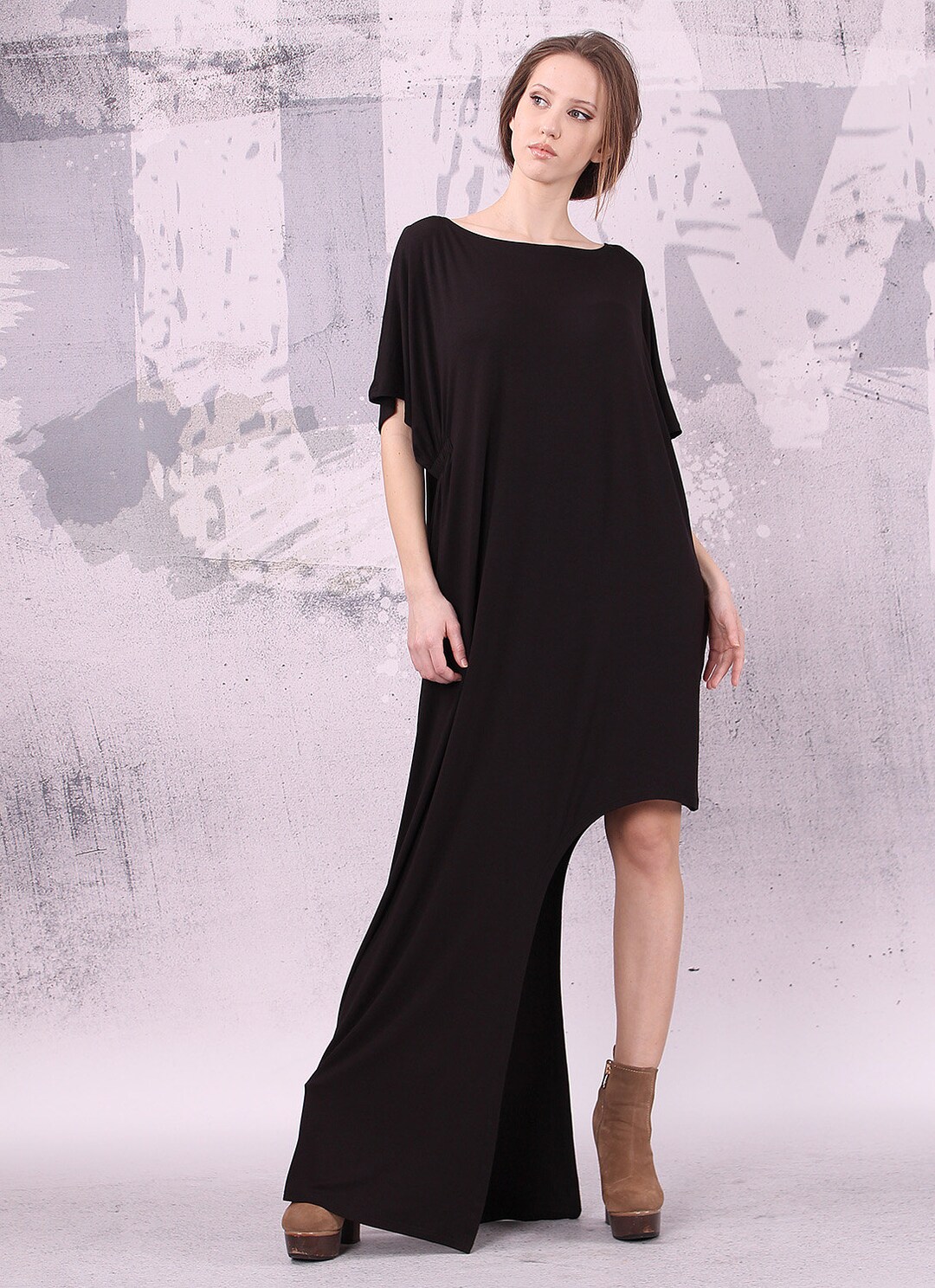 Black Extravagant Loose Long Asymmetrical Dress With Short Sleeves ...