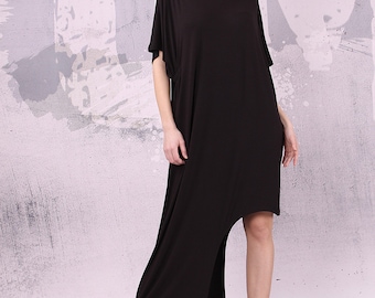 Black extravagant loose long asymmetrical dress with short sleeves. Plus size tunic. Over sized maxi dress. Loose dress women. UM-027-VL