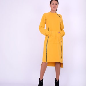 Sweatshirt dress.Women dress.Yellow cotton dress.Dress with zippers.Long sleeved dress.Knee length dress.Autumn winter dress.Dresses 275QC image 6