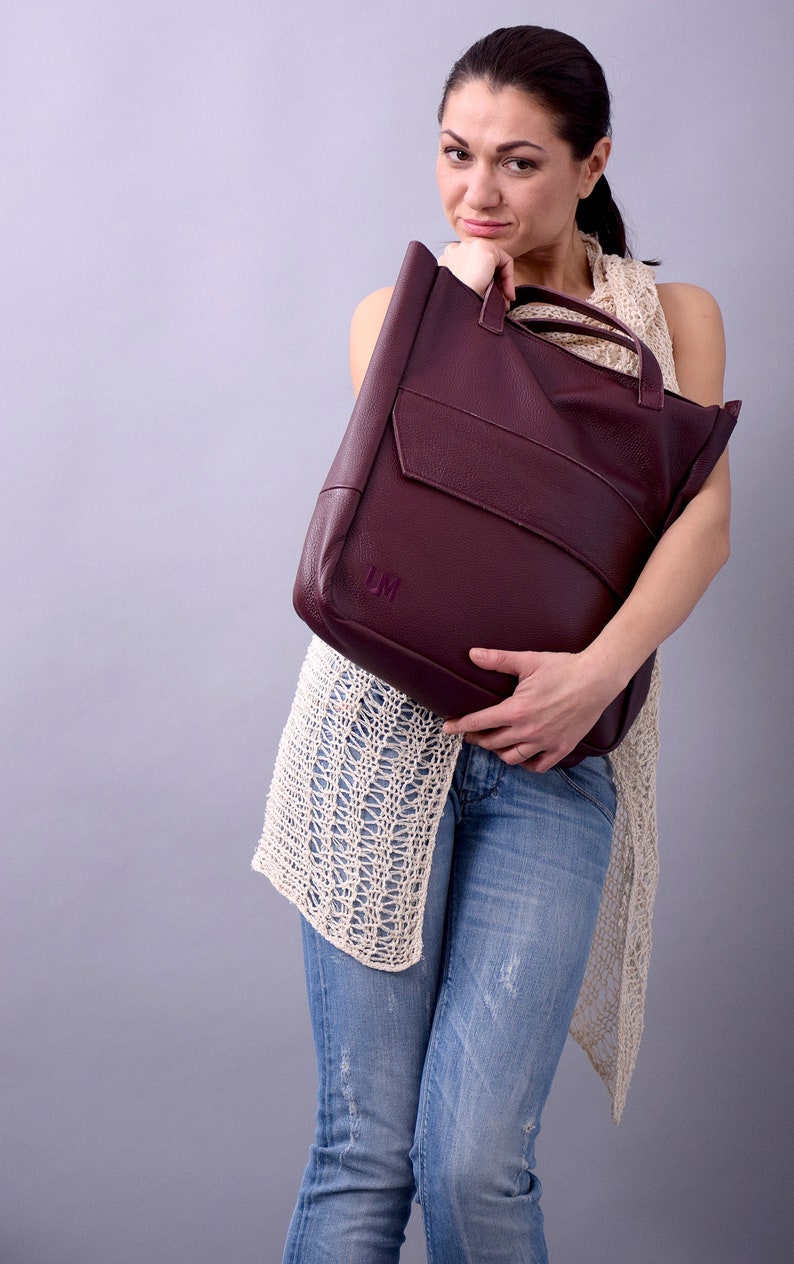 New,Red Wine bag,Genuine leather bag,burgundy bag, Large tote bag,Large tote, Leather tote, Tote bag, high quality bag,leather purse,B003RW image 4