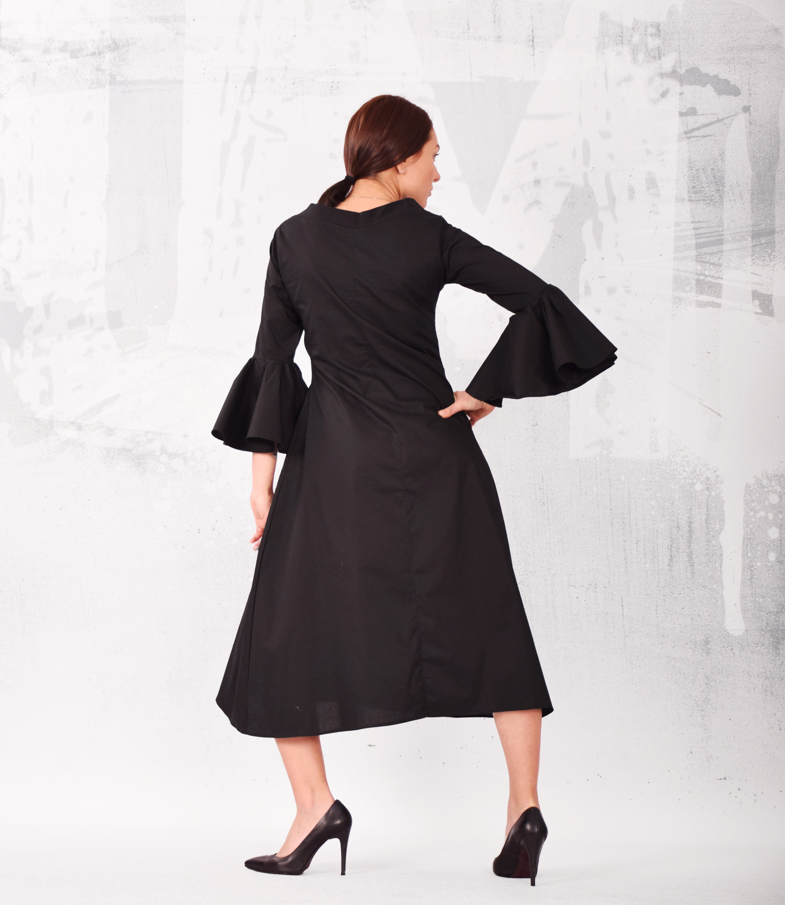black bell sleeve dress Anemos Willow Lace Bell Sleeve Dress