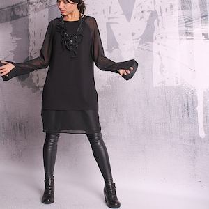 Black tunic, blouse with long sleeves, black tunic,black top,loose top, long tunic,tunic dress,sheer sleeves tunic,tunic top,UM052VLCH image 3