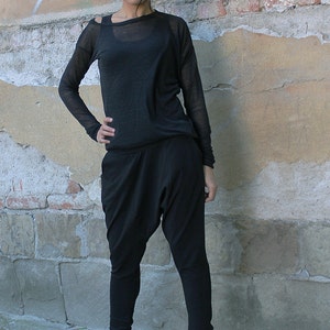 Woman Pants, Black long asymmetrical loose pants with two pockets, extravagant pants, harem pants - UM-060-VL