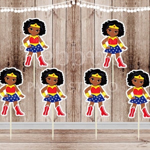 Superhero Girl Party - Set of 16 African American Wonder Girl Inspired Cupcake Toppers