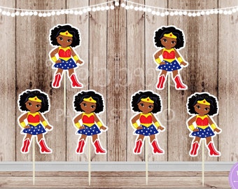 Superhero Girl Party - Set of 16 African American Wonder Girl Inspired Cupcake Toppers