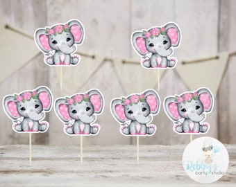 Girl Elephant Theme  - Set of 12 Pink Flower Elephant Baby Shower Cupcake Toppers