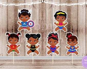 Superhero Baby Girl Cupcake Toppers - African American - Set of 12