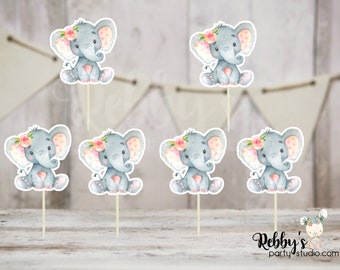 Girl Elephant Theme  - Set of 12 Pink Peach Flower Elephant Baby Shower Cupcake Toppers