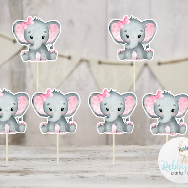 Girl Elephant Theme  - Set of 12 Pink Elephant Baby Shower Cupcake Toppers