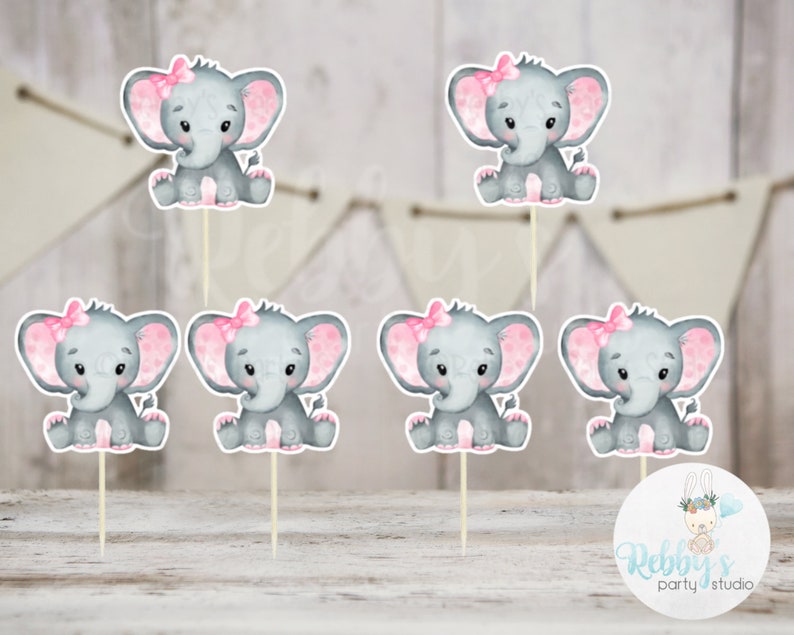 Girl Elephant Theme Set of 12 Pink Elephant Baby Shower Cupcake Toppers image 1