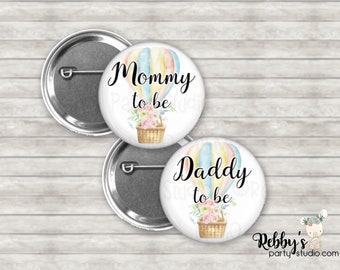 Fairy Balloon Baby Shower Pin Buttons, Mommy to be Pin Buttons, Personalized Pin Buttons, Hot air Balloon with Roses Button Badges