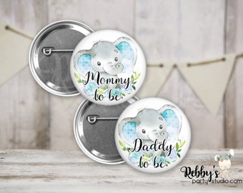 Elephant Baby Shower Pin: Blue Heart, Custom Family Name Badge