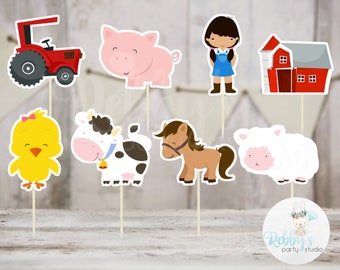Girl Barnyard Theme Party - Set of 16 Assorted Farm Animals  Cupcake Toppers #146
