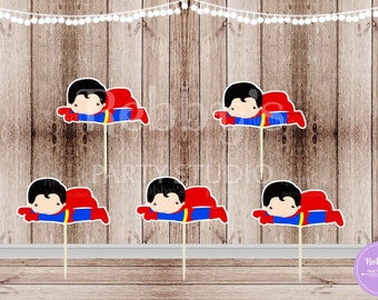 Action Superhero Boy Party - Set of 12 Superboy Inspired Cupcake Toppers