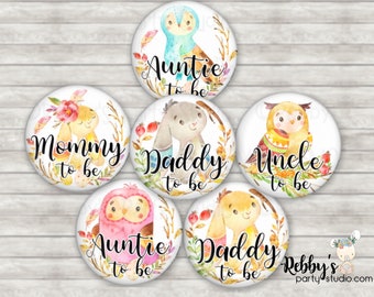 Woodland Baby Shower Pin Button: Personalized Family Member Badge