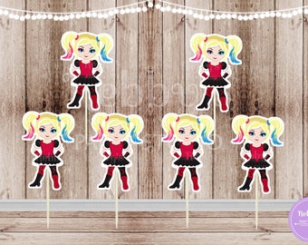 Superhero Villain Girl Party - Set of 12 Villain Clown Princess Inspired Cupcake Toppers