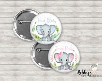 Elephant Gender Reveal Buttons | Team Blue & Team Pink Baby Shower Pins