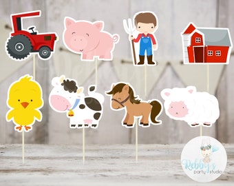 Boy Barnyard Theme Party - Set of 16 Assorted Farm Animals Cupcake Toppers #142