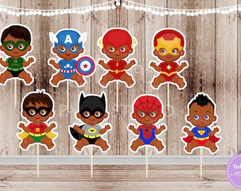 Superhero Baby Boy Cupcake Toppers: African American Theme - Set of 16