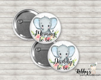 Elephant Boy Baby Shower Badges, Mommy to be Pin Buttons, Personalized Pin Buttons, Blue Baby Elephant Button Badges