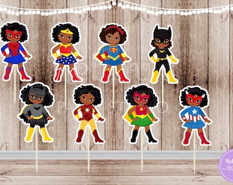 Superhero Girl Party - Set of 16 Assorted African American Superhero Girls Inspired Cupcake Toppers