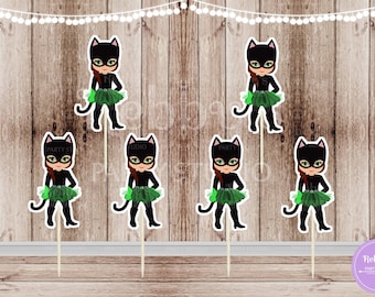 Superhero Villain Girl Party - Set of 12 Green Tutu Cat Girl Inspired Cupcake Toppers
