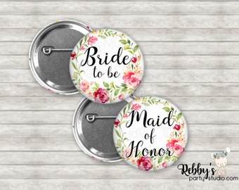 Mellow Wreath Bridal Shower Pin Buttons, Bride to be Pin Buttons, Personalized Pin Buttons, Mellow Wreath Bridal Party Button Badges