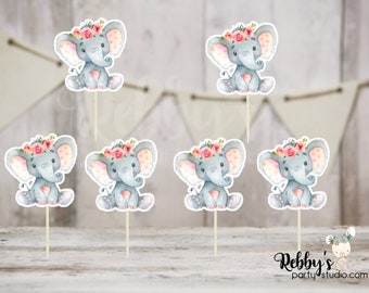 Floral Elephant Cupcake Toppers: Pink Peach Baby Shower Decor - Set of 12