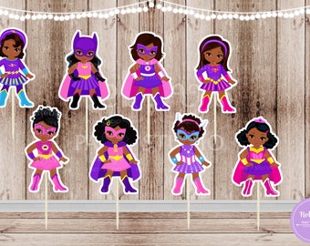 African American Superhero Girl Cupcake Toppers - Pink Party Decor (Set of 16)