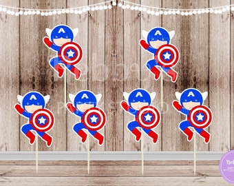 Action Superhero Boy Party - Set of 12 Captain A Cupcake Toppers