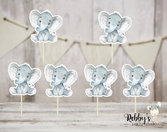 Elephant Theme - Set of 12 Gray Elephant Baby Shower Cupcake Toppers