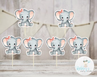 Girl Elephant Theme  - Set of 12 Peach Elephant Baby Shower Cupcake Toppers