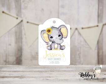 Set of 12 Sunflower Yellow Elephant Baby Shower Tags, Baby Shower Party Favor Tags, Thank You Tags, 3 different sizes