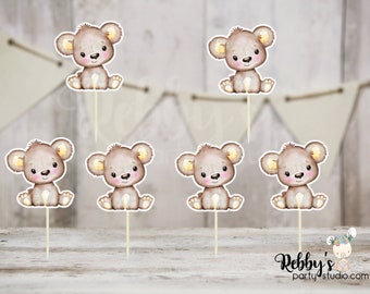 Bear Theme  - Set of 12 Yellow Brown Bear Baby Shower Cupcake Toppers