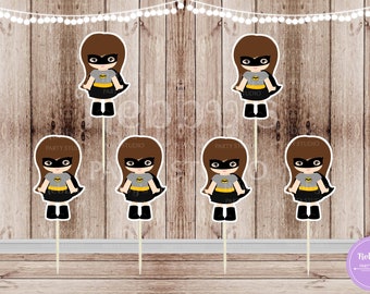 Action Superhero Girl Party - Set of 12 Girl in Bat Costume Inspired Cupcake Toppers