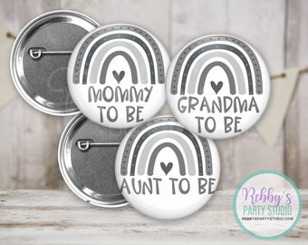 Grey Boho Rainbow Baby Shower Pin Button: Personalized Party Favor