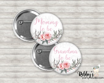 Deer Antlers Baby Shower Pin: Personalized Boho Floral Button Badge