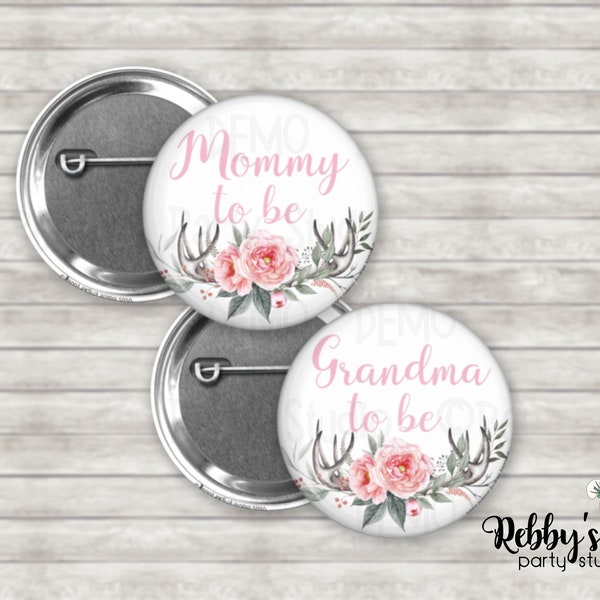 Deer Antlers Baby Shower Pin Button, Mommy to be Pin Button, Personalized Pin Button, Boho Floral Button Badge