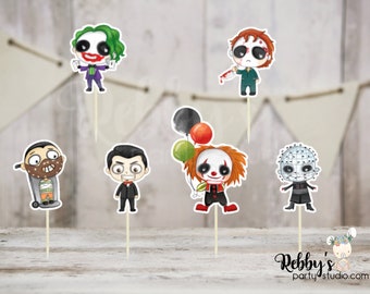 Halloween Horror Theme - Set of 12 Cute Horror Inspired Cupcake Toppers - Set 2