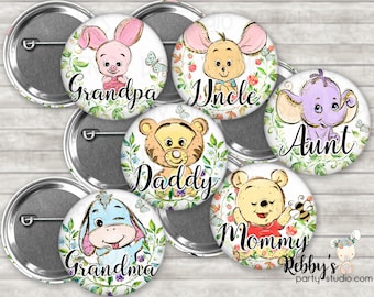 Classic Pooh Bear Baby Shower Pin Button: Personalized Character Badge