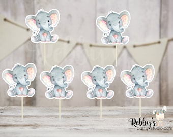 Girl Elephant Theme  - Set of 12 Pink Peach Elephant Baby Shower Cupcake Toppers