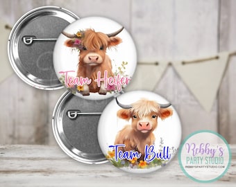 Highland Cow Gender Reveal Buttons: Team Heifer, Team Bull