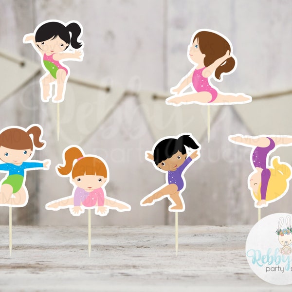 Girls Gymnastics Party - Set of 12 Assorted Girl Gymnast Cupcake Toppers