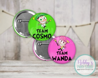 Fairly Godparents Theme Gender Reveal Pins Green and Pink Team Cosmo Team Wanda Gender Reveal Party Favor Team Buttons