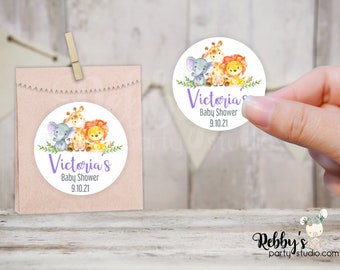 Jungle Safari Baby Shower Purple Personalized Round Sticker