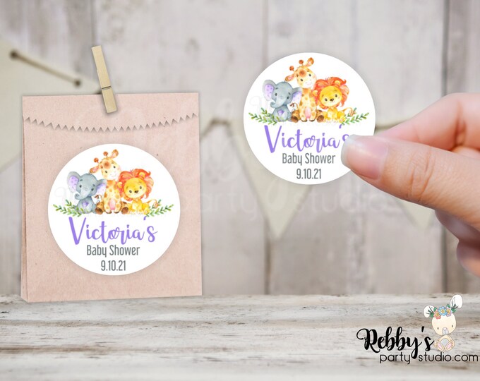Jungle Safari Personalized Purple Baby Shower Circle Stickers, Birthday Party Stickers, Goody Bag Stickers, 10 Different Sizes Available